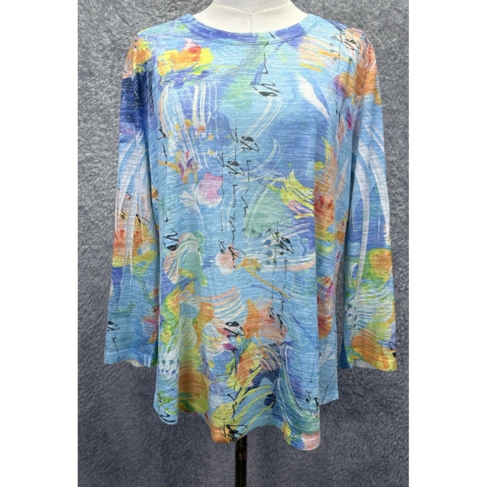 Jess & Jane Womens M Blue Floral Abstract Art Print Tunic Top Long Sleeve USA